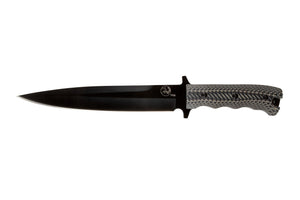 Tassie Tiger Pig Sticker 8″ Black Blade Hunting, Grey G10 Non Slip Handle with Leather Sheath