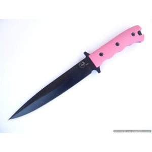 Tassie Tiger Pig Sticker 8″ Black Blade Hunting, Pink G10 Non Slip Handle with Leather Sheath