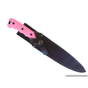 Tassie Tiger Pig Sticker 8″ Black Blade Hunting, Pink G10 Non Slip Handle with Leather Sheath